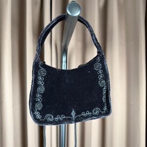 Black velvet embroidered shoulder bag with silver accents glam